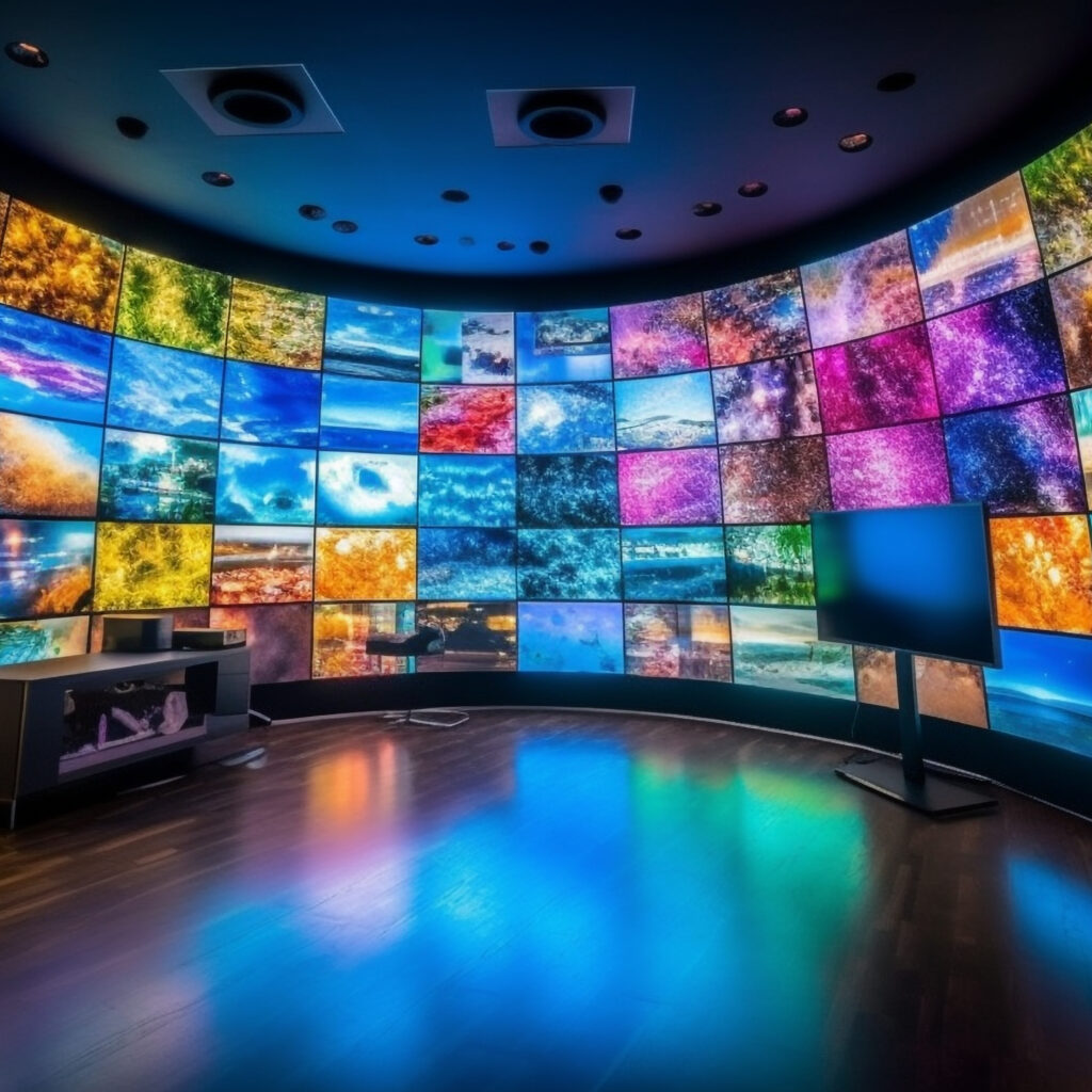 Modern television broadcasting movie on wide screen generative AI