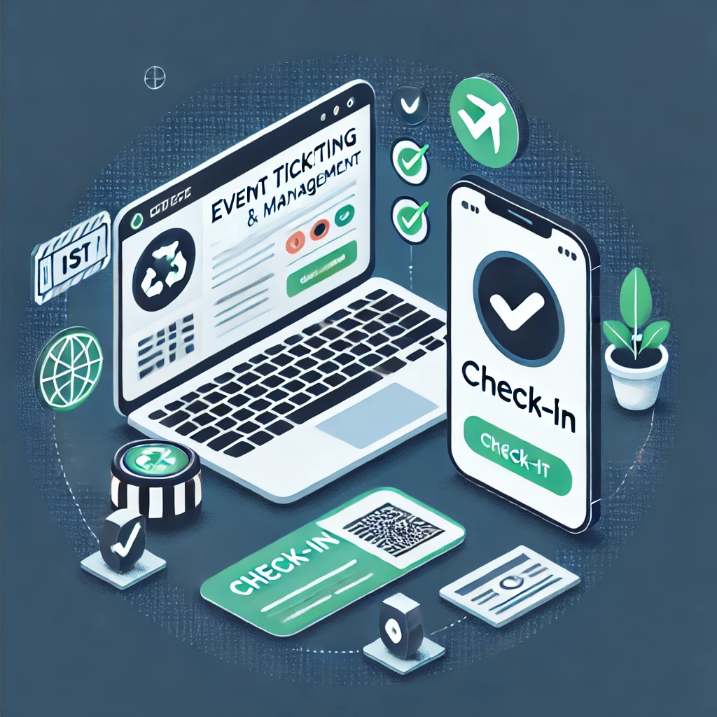DALL·E 2024-08-16 15.00.23 – An image depicting a modern event ticketing and management website with a custom check-in mobile app. The image should show a laptop displaying the we